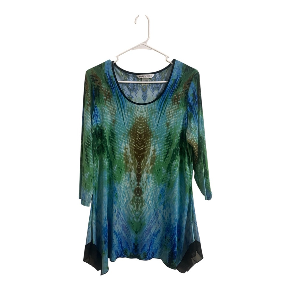 Peter Nygard Blue and Green Abstract Patterned Tunic Top